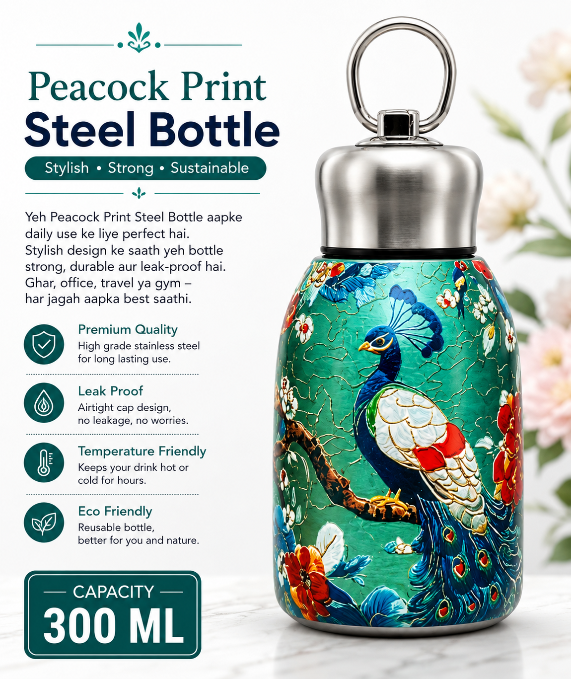 Peacock Design Steel Water Bottle 300ML - Image 3