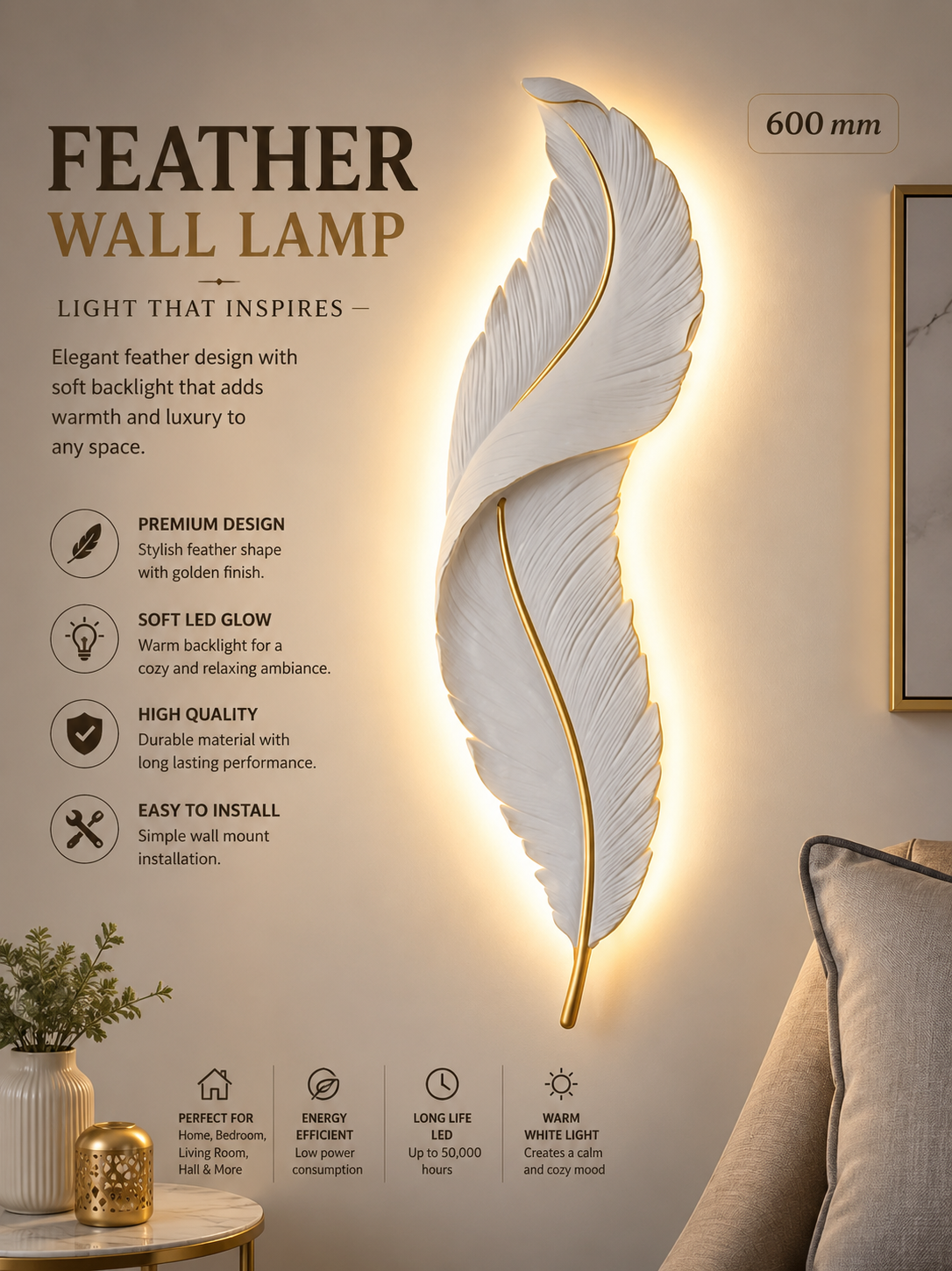 Elegant Feather LED Wall Lamp - Image 3