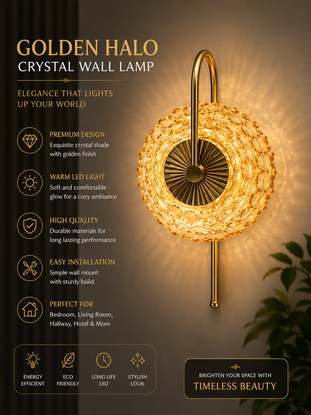 Golden Halo Crystal Wall Lamp - Image 2