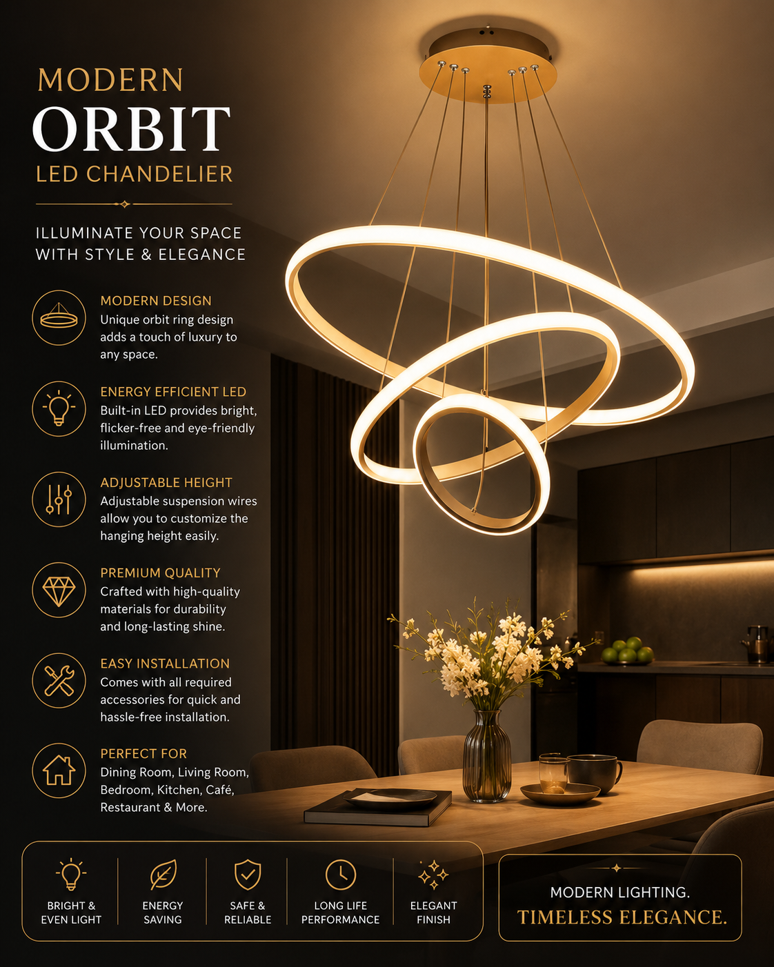 Modern Orbit LED Ring Chandelier - Image 2