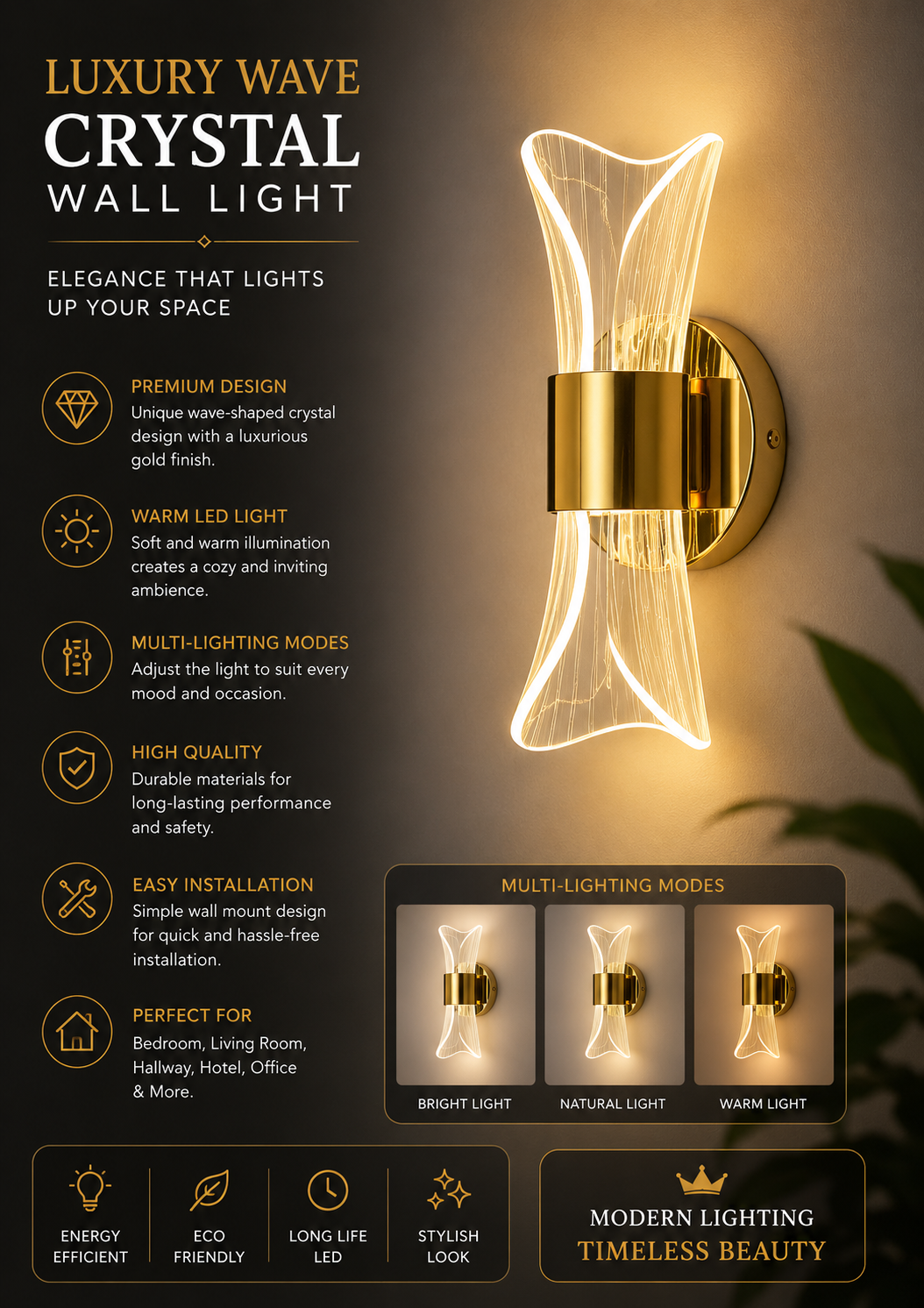 Luxury Wave Crystal Wall Light - Image 3