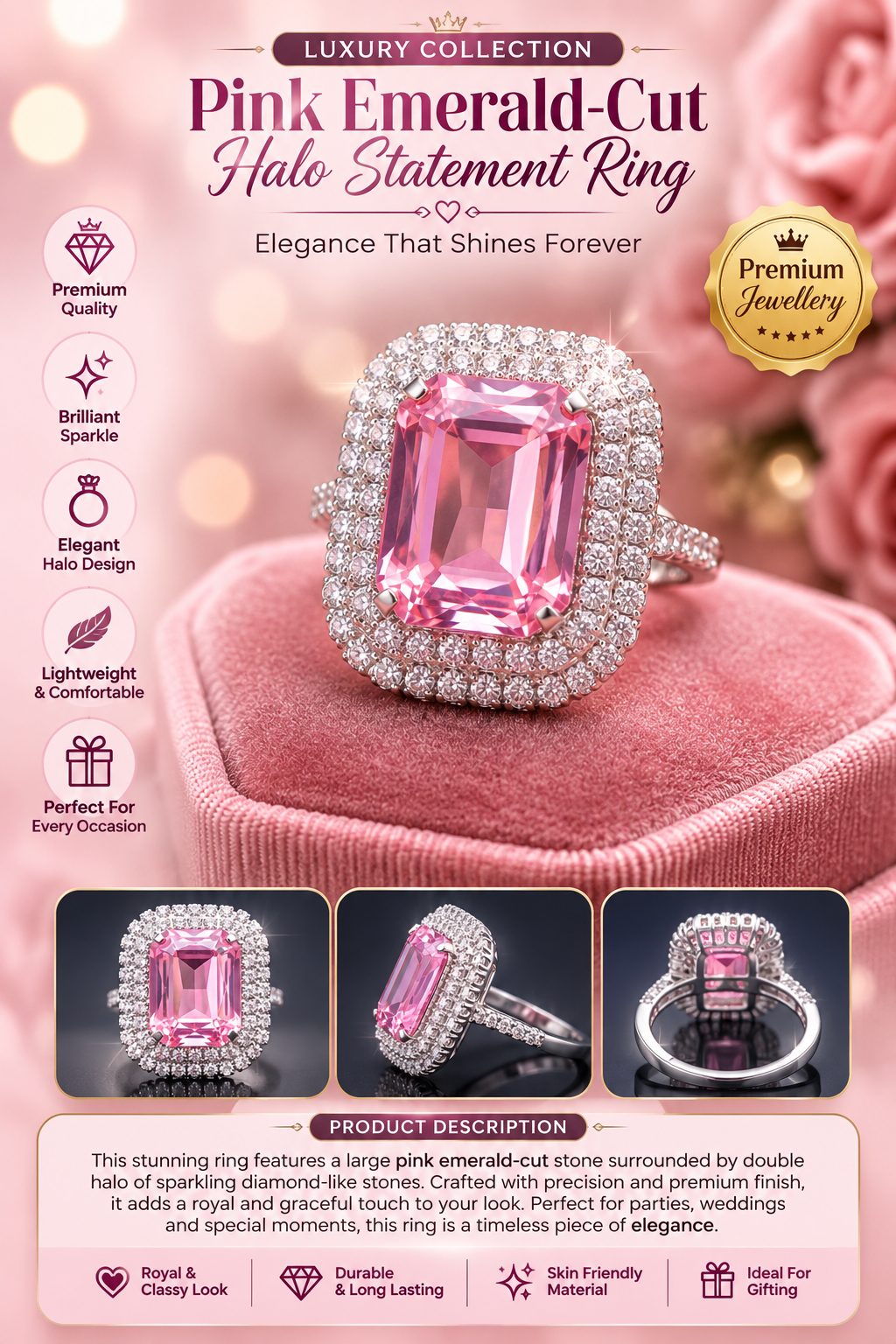 Luxury Pink Emerald-Cut Halo Statement Ring
